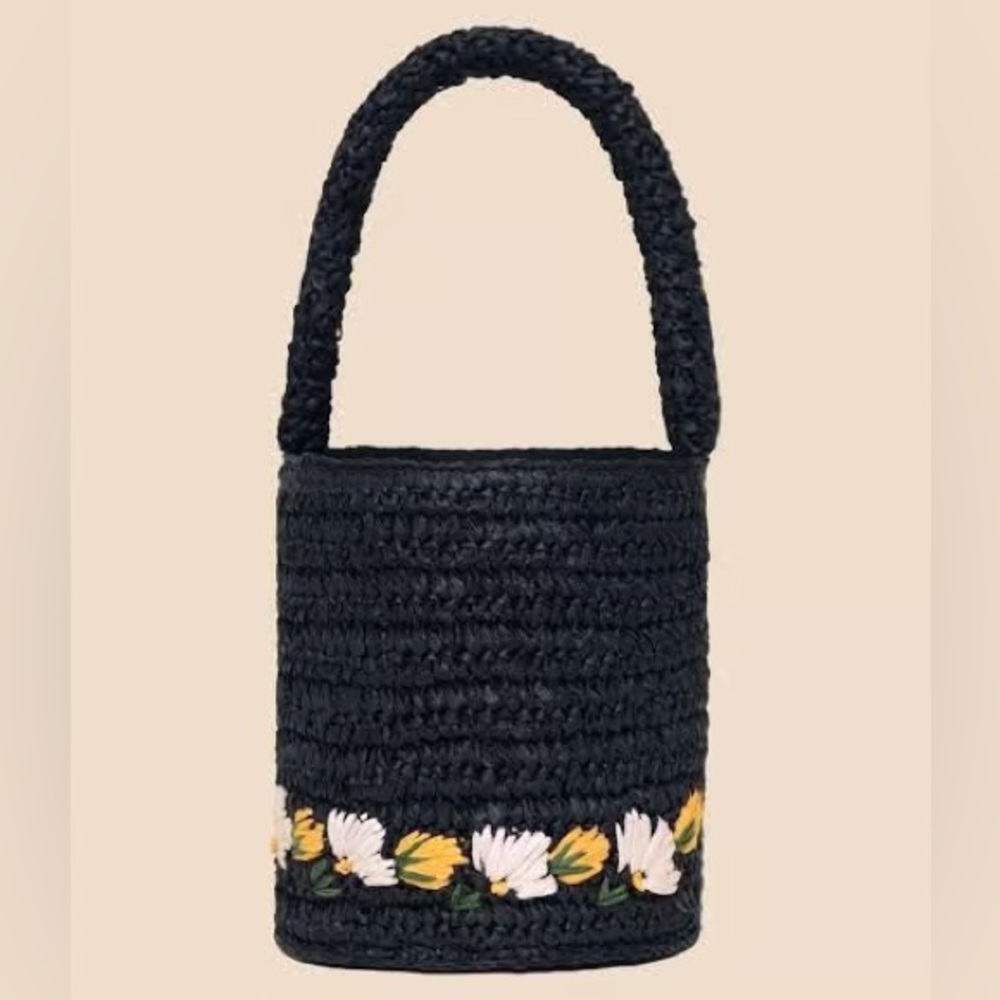 RIXO Black Woven Bucket Tote with Yellow & White Floral Trim
